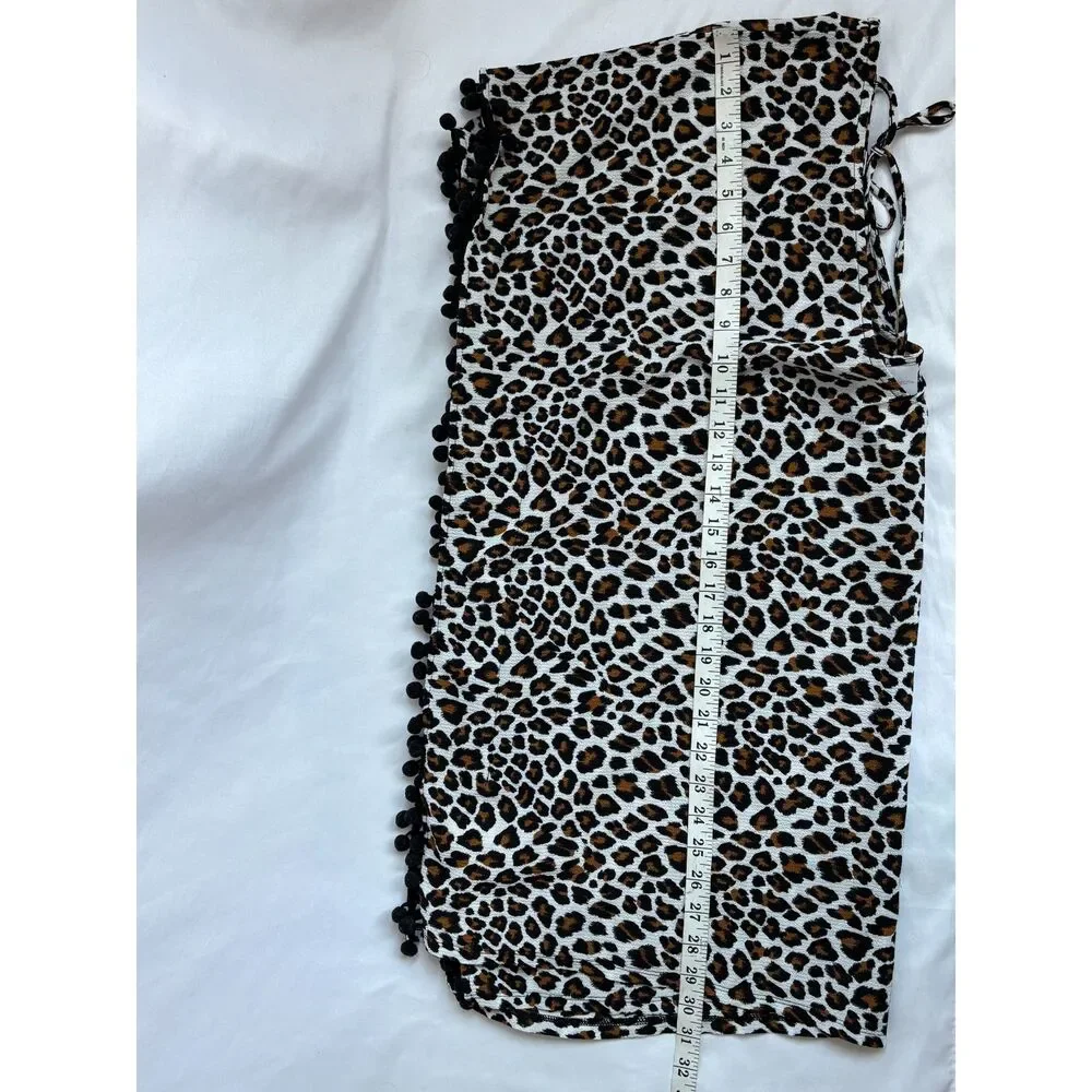 Xhilaration Leopard Cheetah Pom Pom Trim Kaftan Swim Cover Batwing Sleeve Size M